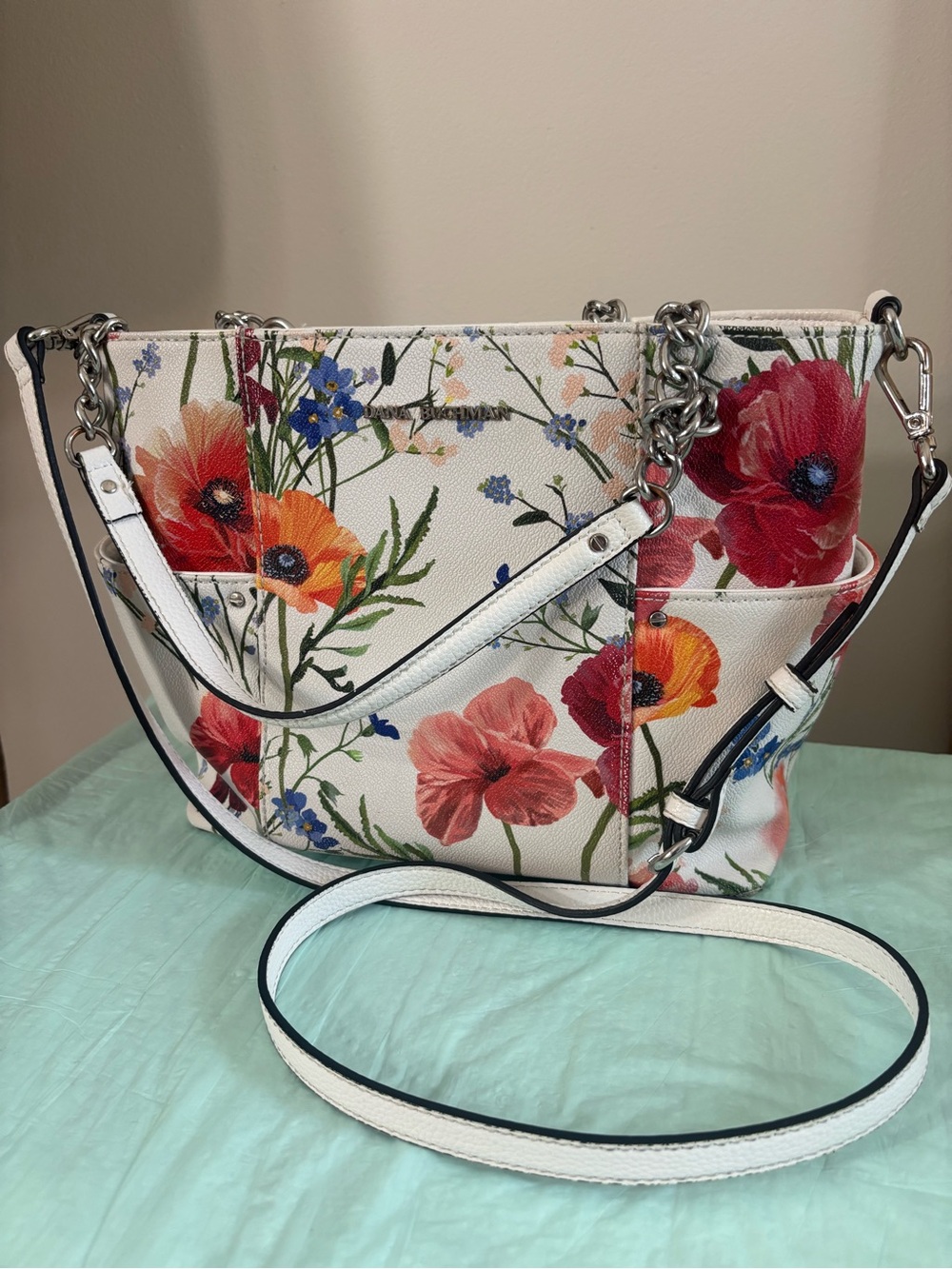 Dana Buchman Floral Print White Leather Tote Bag with Chain Strap